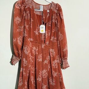 Anthropologie Terracotta Floral Long Sleeve Dress